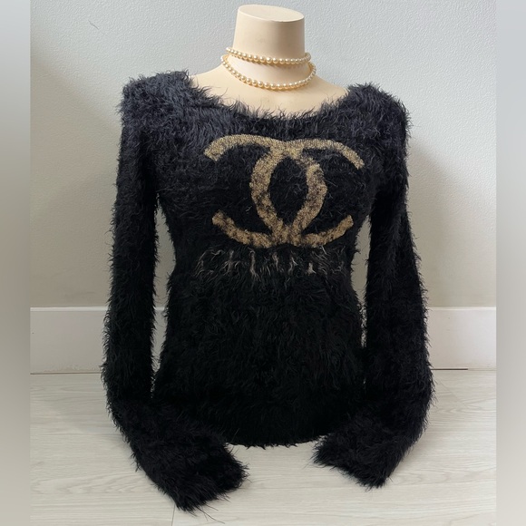CHANEL Sweaters - CHANEL Black Fuzzy Off the shoulder Sweater with Gold Emblem